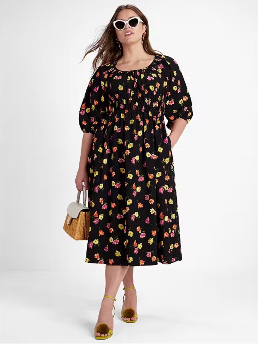 Kate Spade Tulip Toss Riviera Maxi Dress (Sz XL) Black Floral Cotton Seersucker